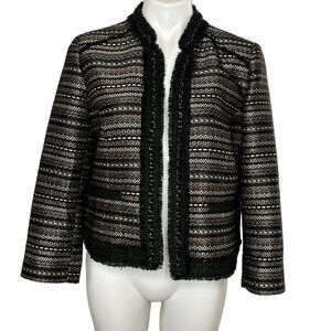 CHICO'S Royal Tweed Jacket Black Gold Silver Open Blazer Bracelet Sleeve 1 M 8